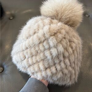 MaxMara Knit Mink Fur Pom Pom Beanie Hat